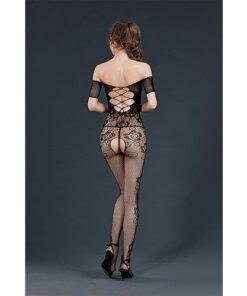 n11760 moonlight criss cross cut out crotchless floral bodystocking black os 2