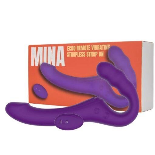 n12531 mina remote vibrating strapless strap on pkg side by side