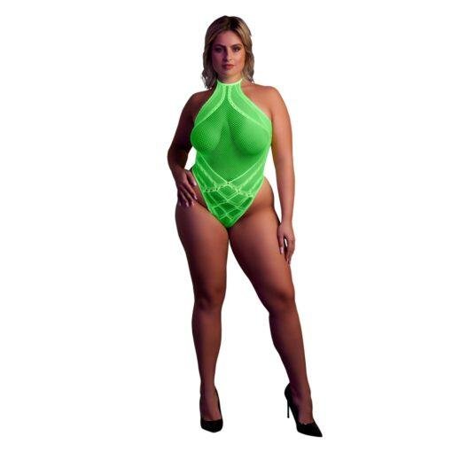 Halter Tie Neck Bodysuit - Neon Green Plus Size