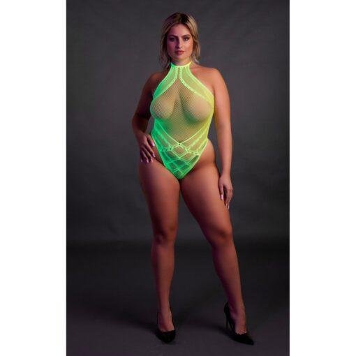 Halter Tie Neck Bodysuit - Neon Green Plus Size - Image 5