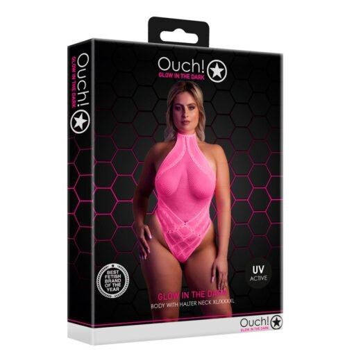 Halter Tie Neck Bodysuit - Neon Pink Plus Size - Image 3