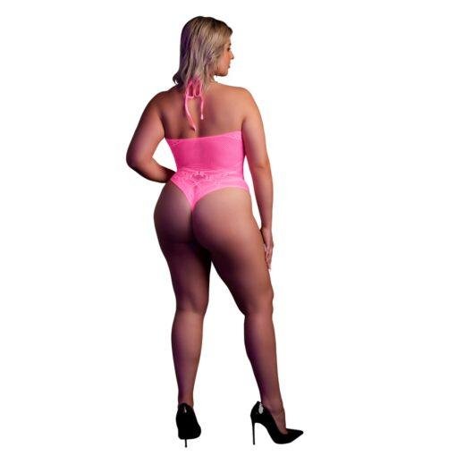 Halter Tie Neck Bodysuit - Neon Pink Plus Size - Image 4