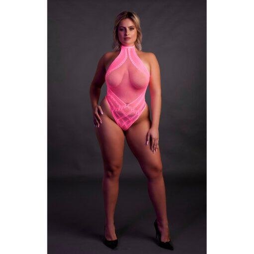 Halter Tie Neck Bodysuit - Neon Pink Plus Size - Image 5