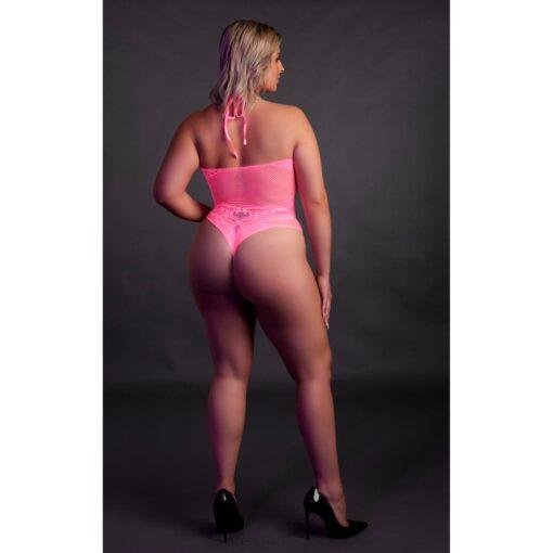 Halter Tie Neck Bodysuit - Neon Pink Plus Size - Image 6