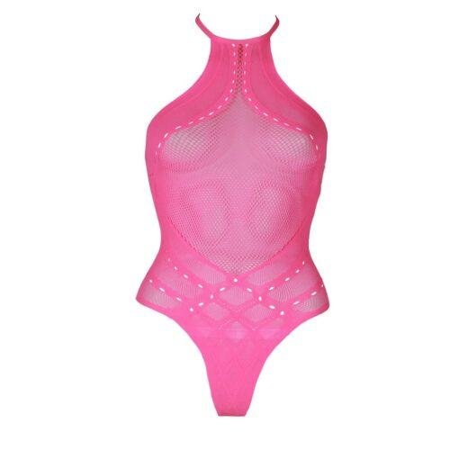 Halter Tie Neck Bodysuit - Neon Pink Plus Size - Image 7