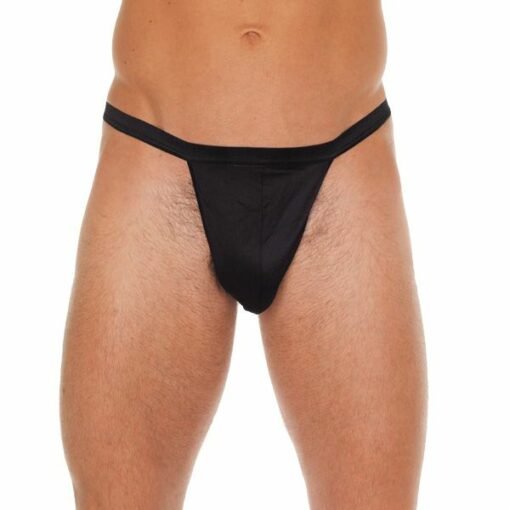 Mens Black Straight G-String With Black Pouch